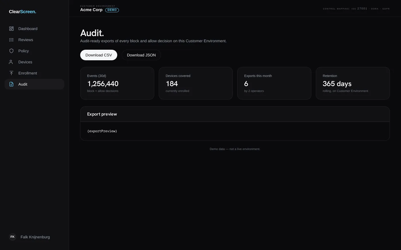ClearScreen audit screen
