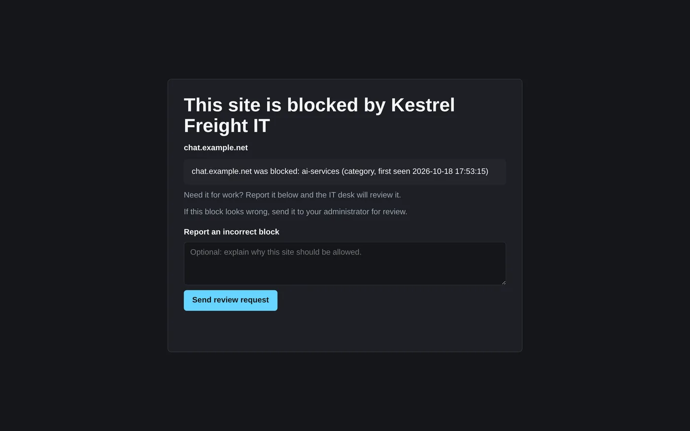 Block page on a test computer: This site is blocked by Kestrel Freight IT, for chat.example.net, with the reason and a Send review request button