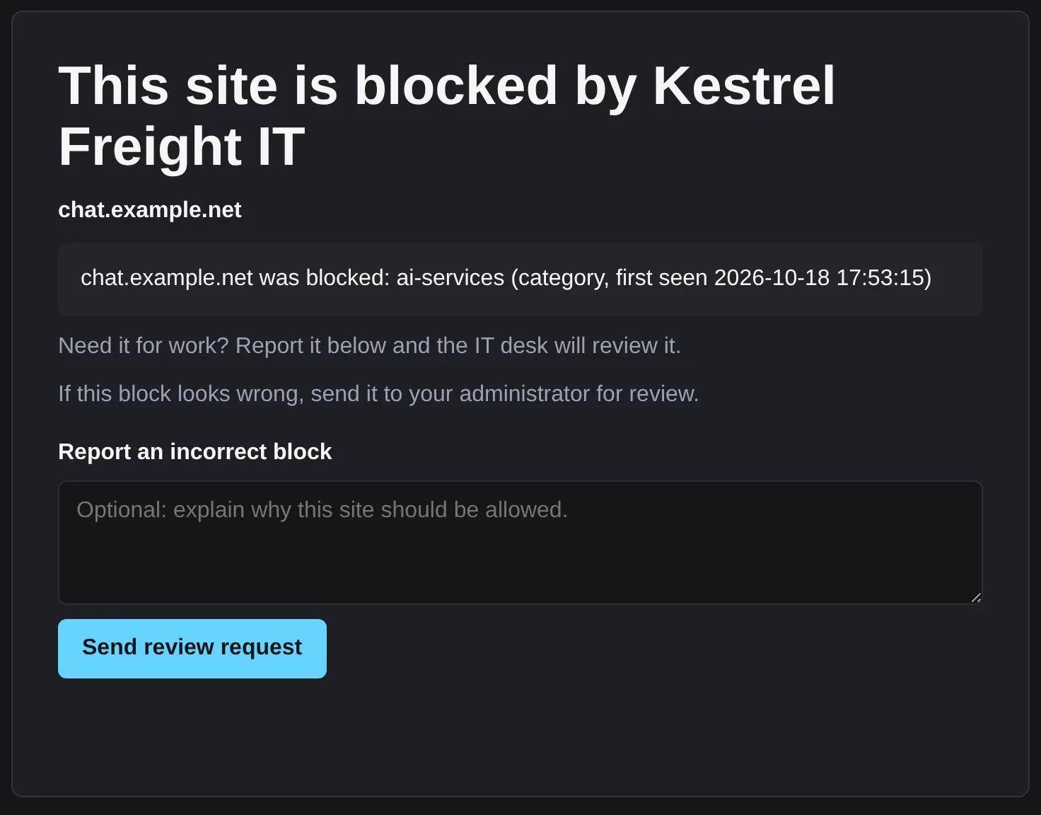 Block page: This site is blocked by Kestrel Freight IT, for chatgpt.com in the ai-services category, with a Send review request button