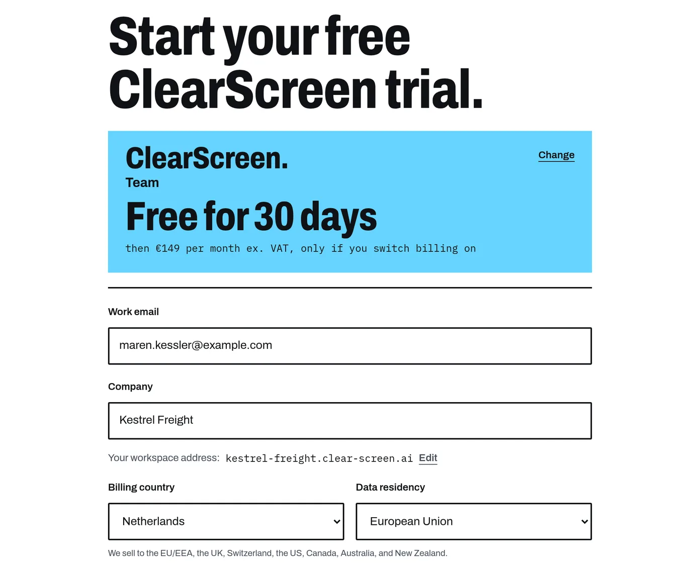 Spot Suite buy page for ClearScreen Team with a work email, company, workspace address and data residency filled in