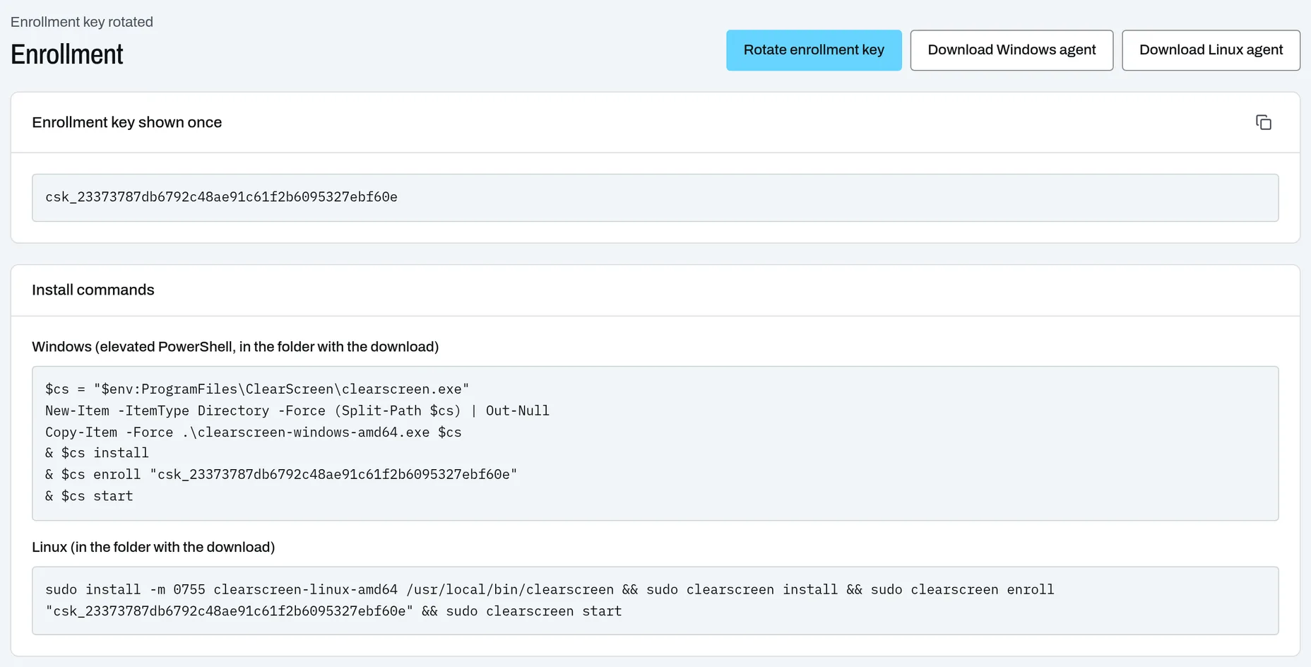 Enrollment page with buttons to rotate the enrollment key and download the Windows and Linux agents, and the install commands