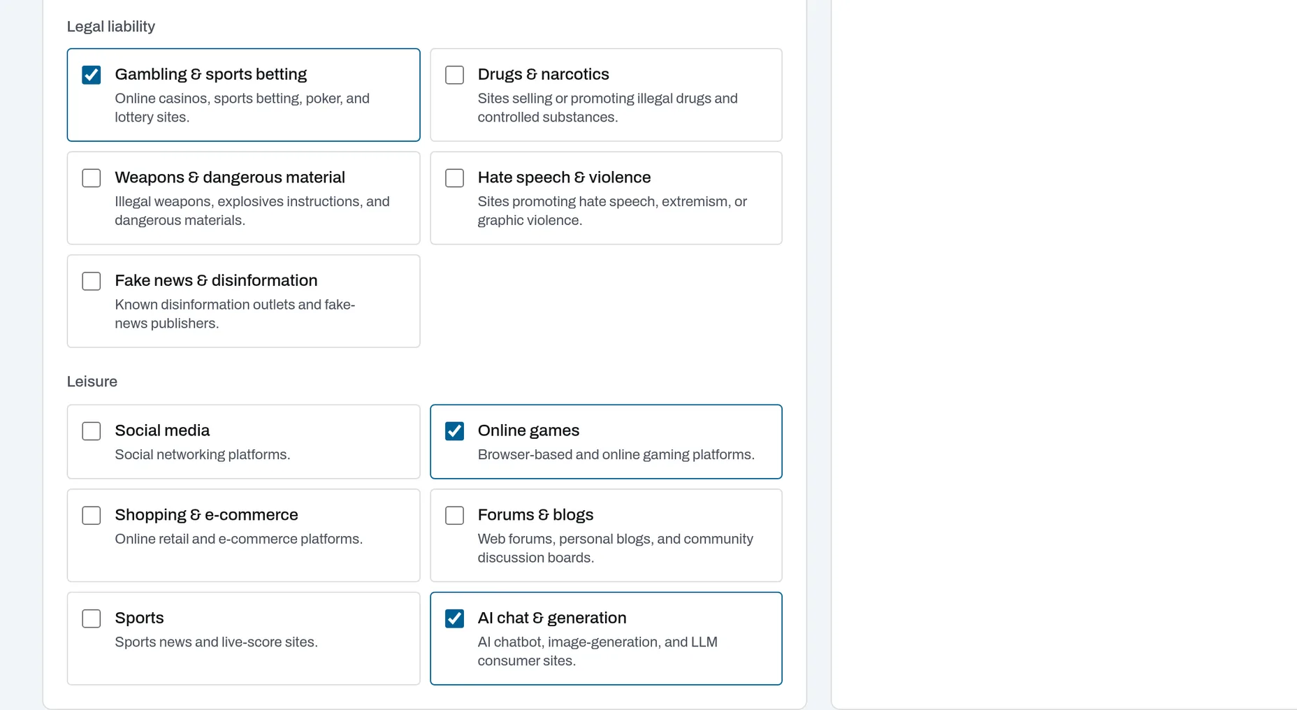 Policy categories with Gambling & sports betting, Online games, and AI chat & generation ticked