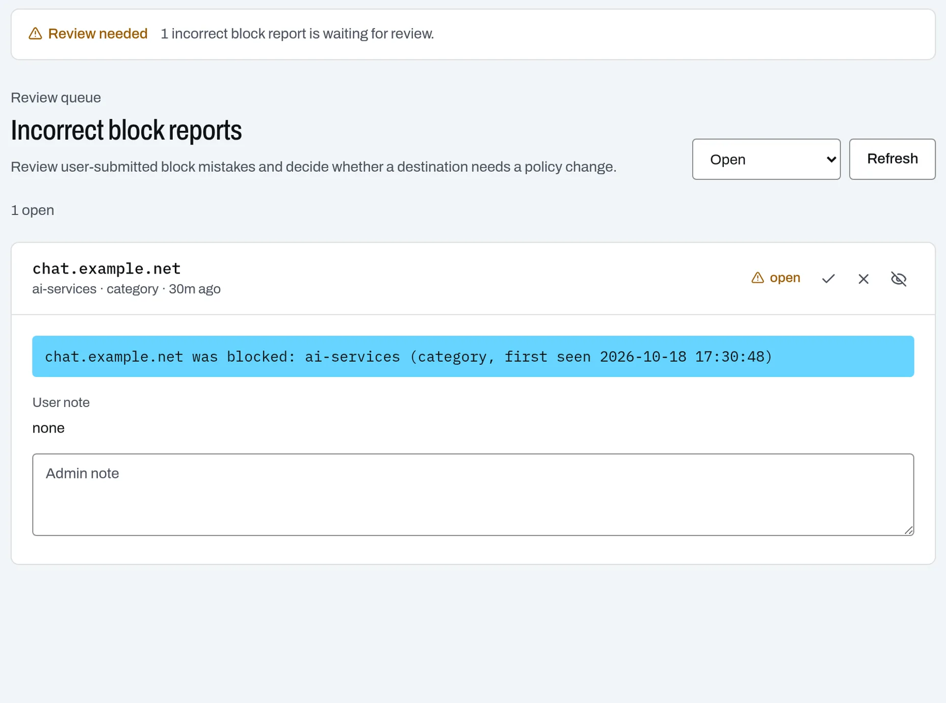 Review queue with one open report for chatgpt.com and the buttons Mark allowed, Reject report and Ignore