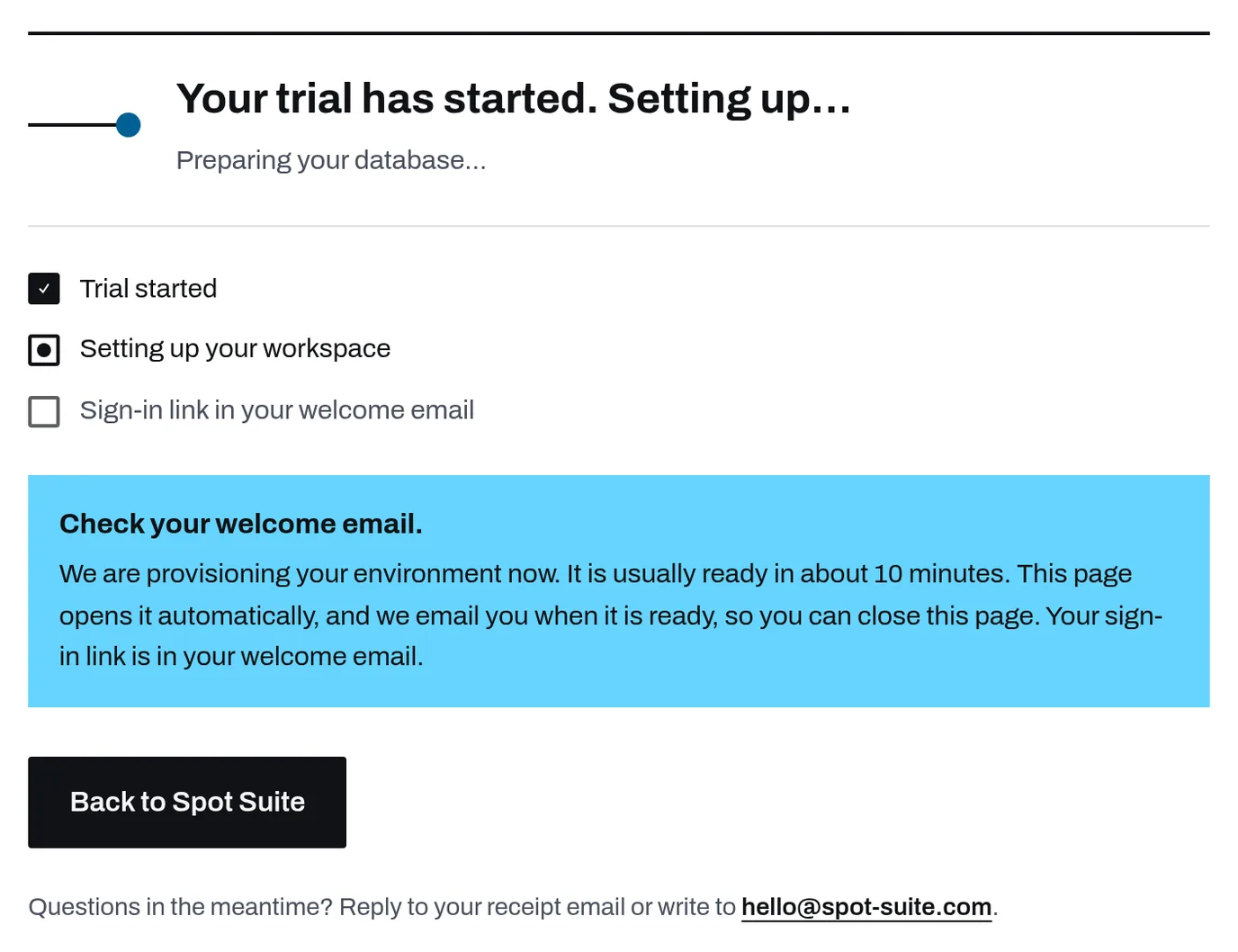 Setup page after checkout: trial started, a dedicated environment being set up