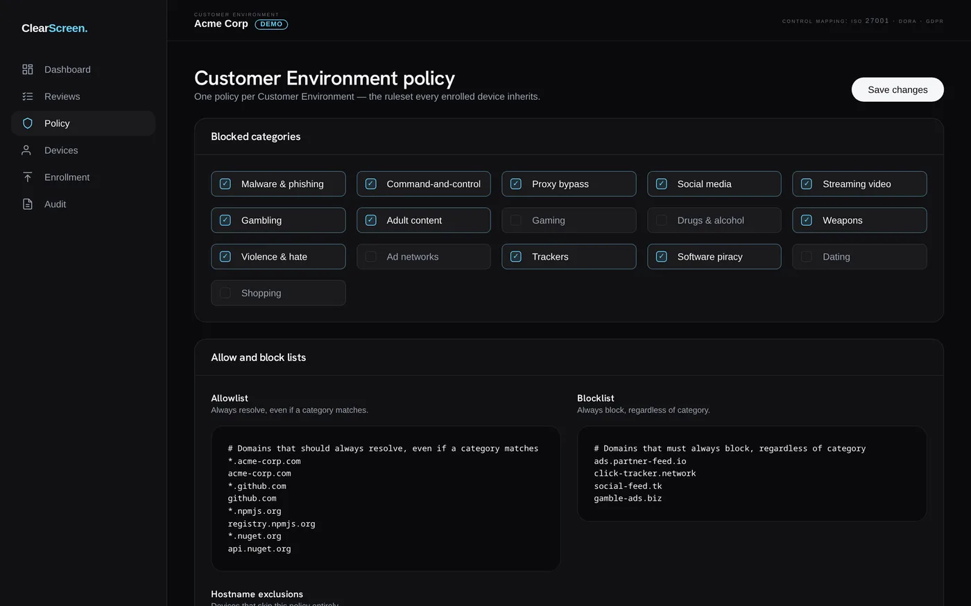 ClearScreen policy screen